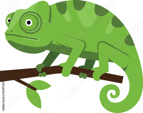 Green Chameleon Lizard Sitting on Brown Branch Vector Illustration with Leaves 