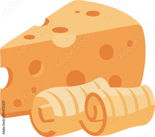 Cheese wedge with curled cheese slices vector illustration in soft orange tones 