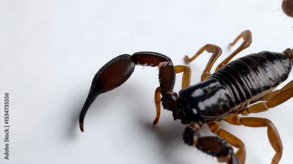 Closeup view of a brown and black scorpion with stinger and pincers lying on a white surface in high detail.