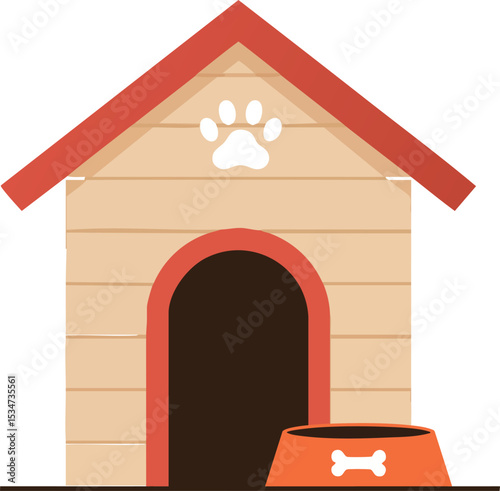 Dog house with red roof and orange food bowl vector illustration for pet care and animal shelter 