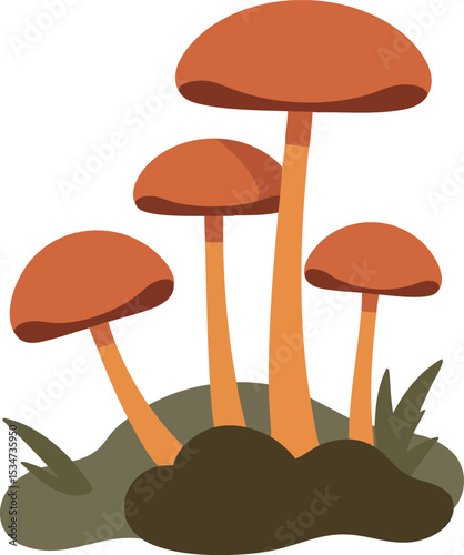 Group of orange mushrooms growing on soil with green grass vector illustration 