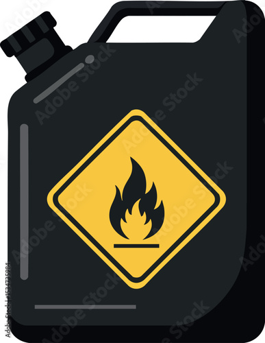 Black Flammable Fuel Canister with Yellow Warning Sign Vector Illustration 
