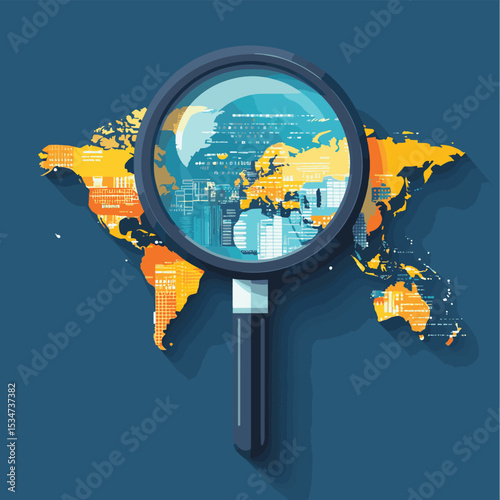 Global Economic Analysis Examining World Markets Through a Magnifying Glass, vector style simple color