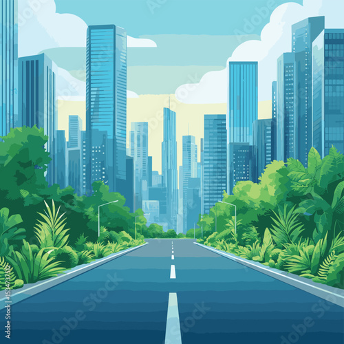 Future city futuristic Modern architecture towers and skyscrapers and green plants along empty road green smart city landscape illustration, vector style simple color
