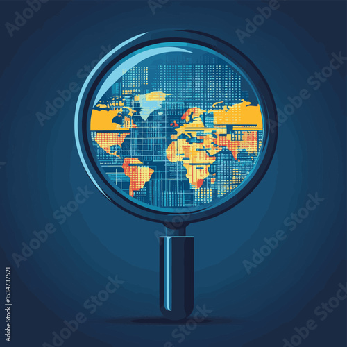 Global Economic Analysis Examining World Markets Through a Magnifying Glass, vector style simple color