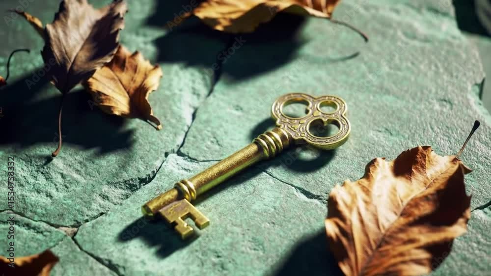 richly ornamented golden ancient key resting on a cracked green stone surface