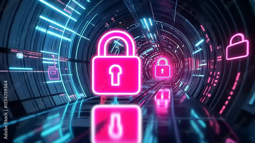 Futuristic digital tunnel with glowing padlocks symbolizing cybersecurity and data protection Futuristic digital tunnel with glowing padlocks symbolizing cybersecurity and data protection