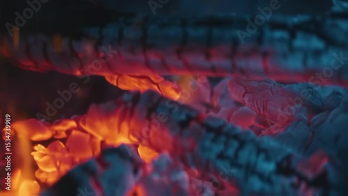 Close up view of burning wood logs with hot glowing embers inside a fire pit creating a warm ambiance in the darkness.