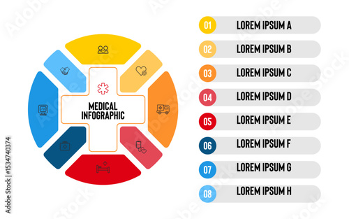 Vector plus infographic, medical diagram, healthcare graph, hospital presentation, emergency chart. Medicine doctor logo. Concept with 8 options, parts, steps, processes.