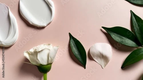 Elegant arrangement featuring white cream samples, roses, and green leaves on a soft pink background offering a sense of natural skincare and beauty.