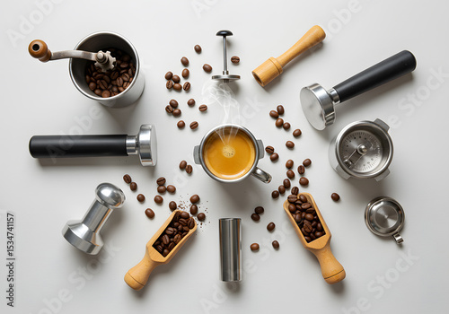 Coffee brewing tools overhead view