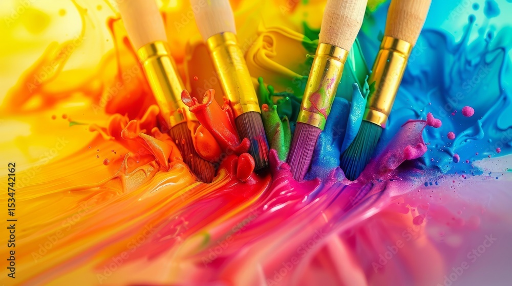 Fototapeta premium Paintbrushes Dipped in Vibrant Rainbow Colors