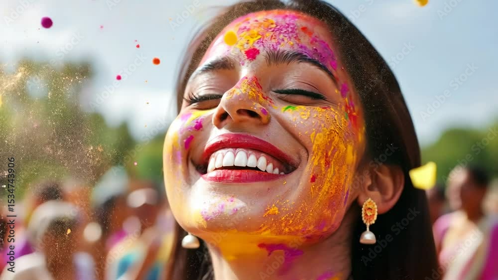 Joyful celebration of color with smiling faces and vibrant powder explosion