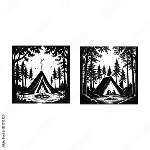 Camping in forest vector illustration nature scene with tent and campfire design for adventure lovers