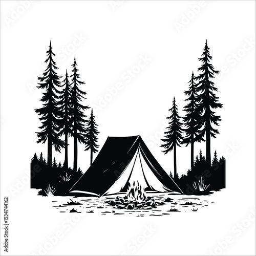 Camping tent and bonfire in forest illustration for outdoor adventure and nature themed designs