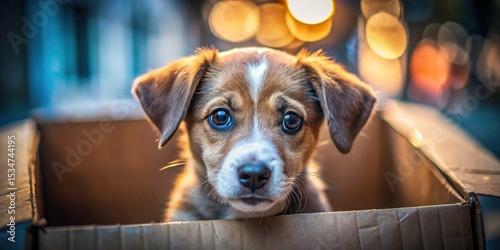 Abandoned Puppy Bokeh Photo, Cute Sad Dog Eyes, Cardboard Box, Street Dog, Stray Puppy,  Heartbreaking Image, Animal Photography