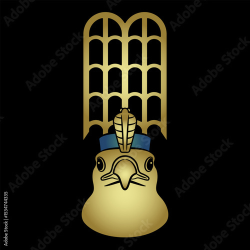 Head of ancient Egyptian god Horus as sacred falcon bird wearing riyal crown. Mythological animal symbol.