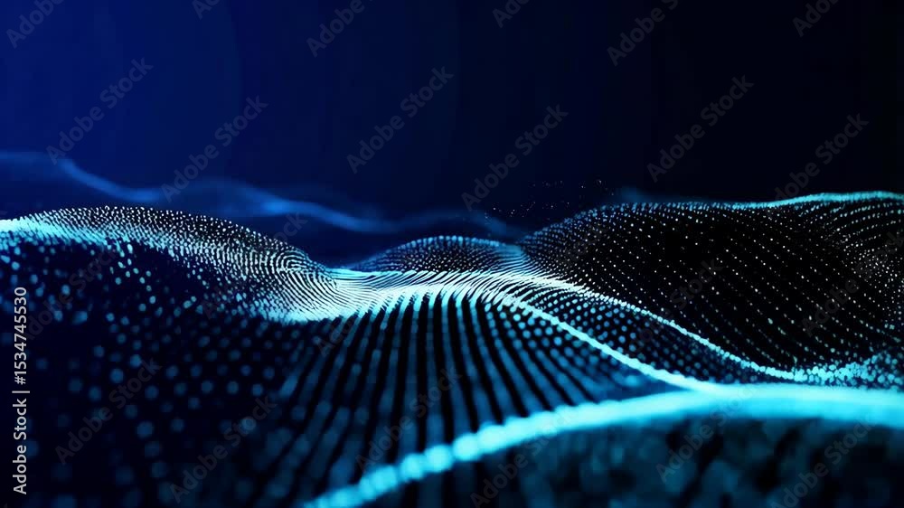 Abstract dark blue digital landscape with glowing dots representing futuristic technology and communication networks connecting in virtual space