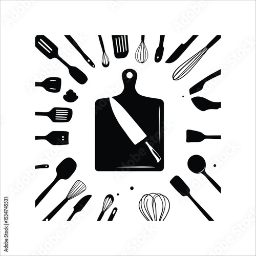 Kitchen tools vector illustration cutting board knife spatula whisk cooking utensils black and white graphic design