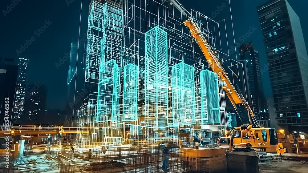 Nighttime construction site showcasing digital blueprints overlaid on a modern skyscraper being built