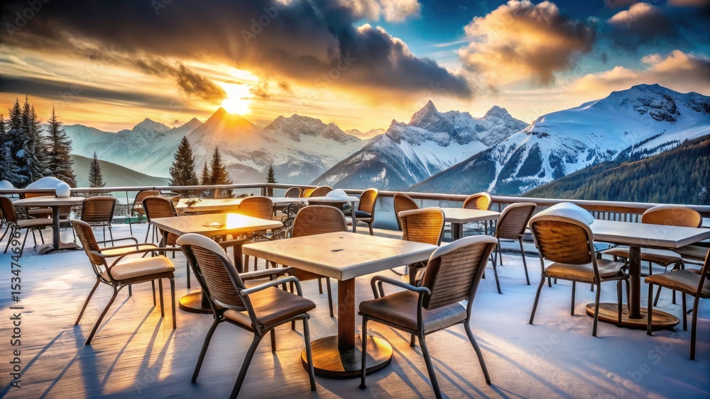 Fototapeta premium Austrian Ski Resort Cafe Terrace - Long Exposure Photography - Snow Mountains - Chairs Tables - Winter Scene