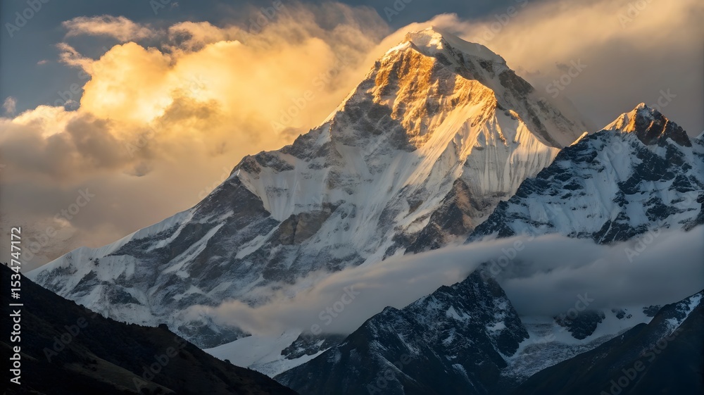 Fototapeta premium Majestic Snow-Capped Mountain Peak at Sunrise with Dramatic Clouds