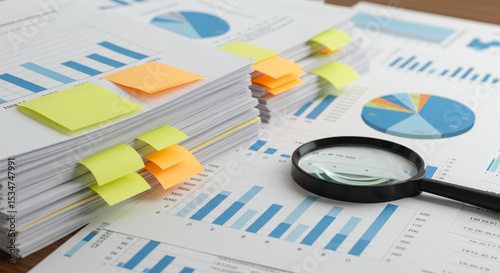 Business documents analysis research financial reports charts magnifying glass sticky notes detailed data review