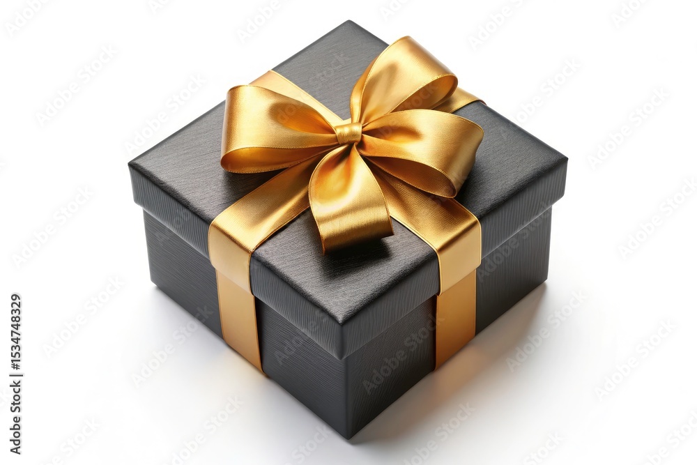 Fototapeta premium Black Gift Box with Gold Ribbon: Top View, 3D Render, Isolated Background