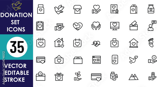 35 donation icons featuring hearts, hands, gifts, coins, volunteers, plants, doves, calendars, boxes, houses, smartwatches, and forms. Clean, editable vector stroke style