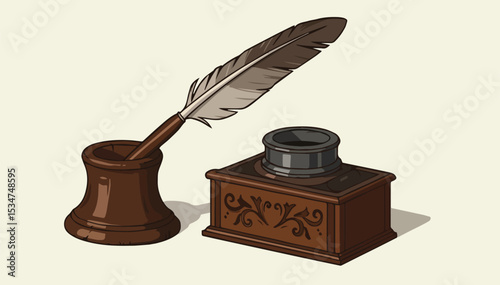 Quill Pen and Ink Bottle on Vintage Writing Desk