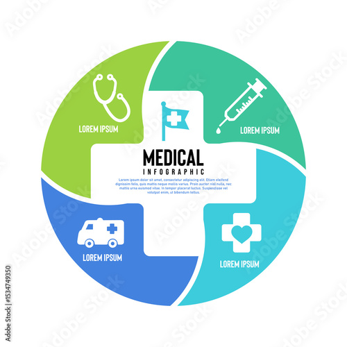 Vector plus infographic, medical diagram, healthcare graph, hospital presentation, emergency chart. Medicine doctor logo. Concept with 4 options, parts, steps, processes.