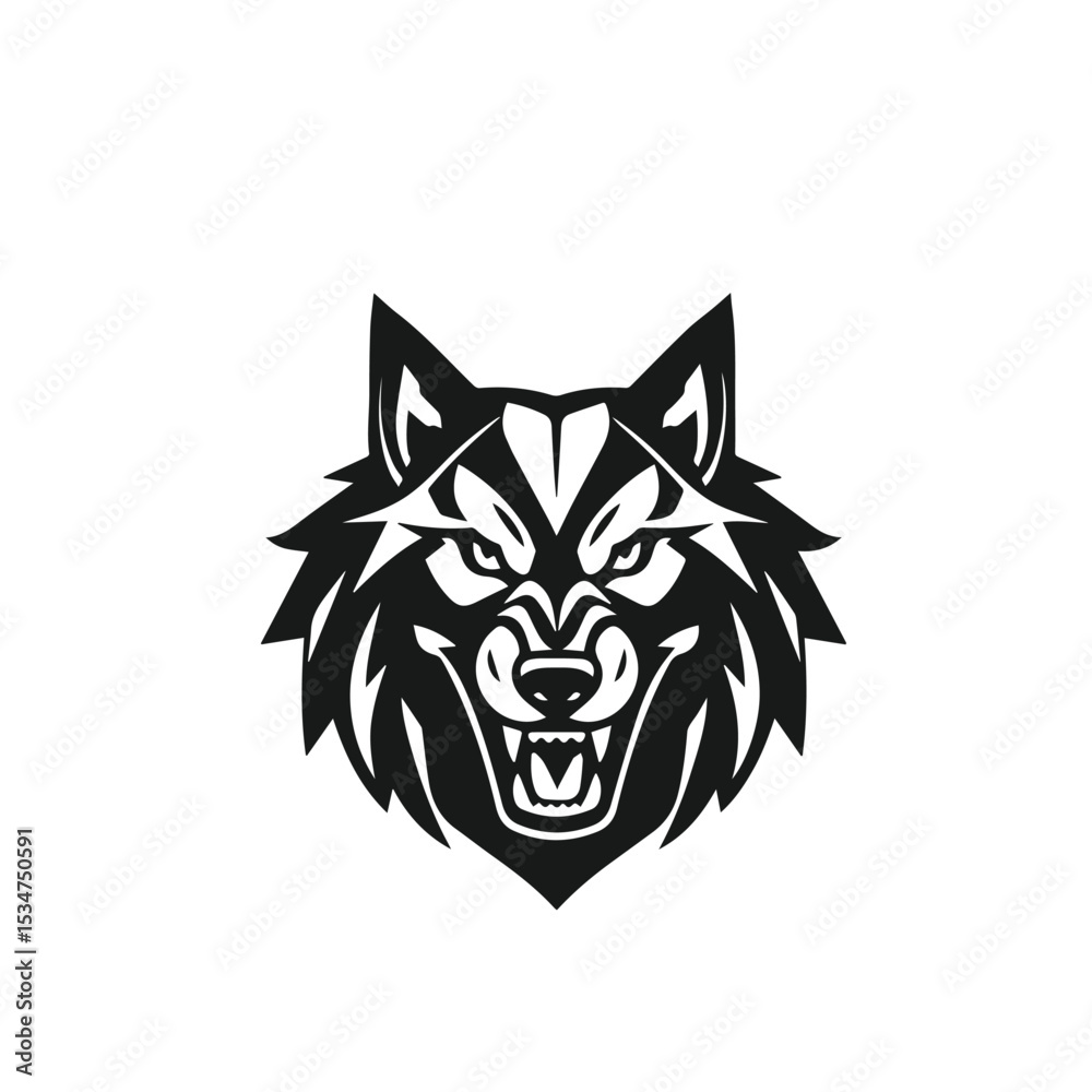 Fototapeta premium Vector art of a fierce wolf head vector illustration, isolated on white background, with sharp teeth and intense gaze