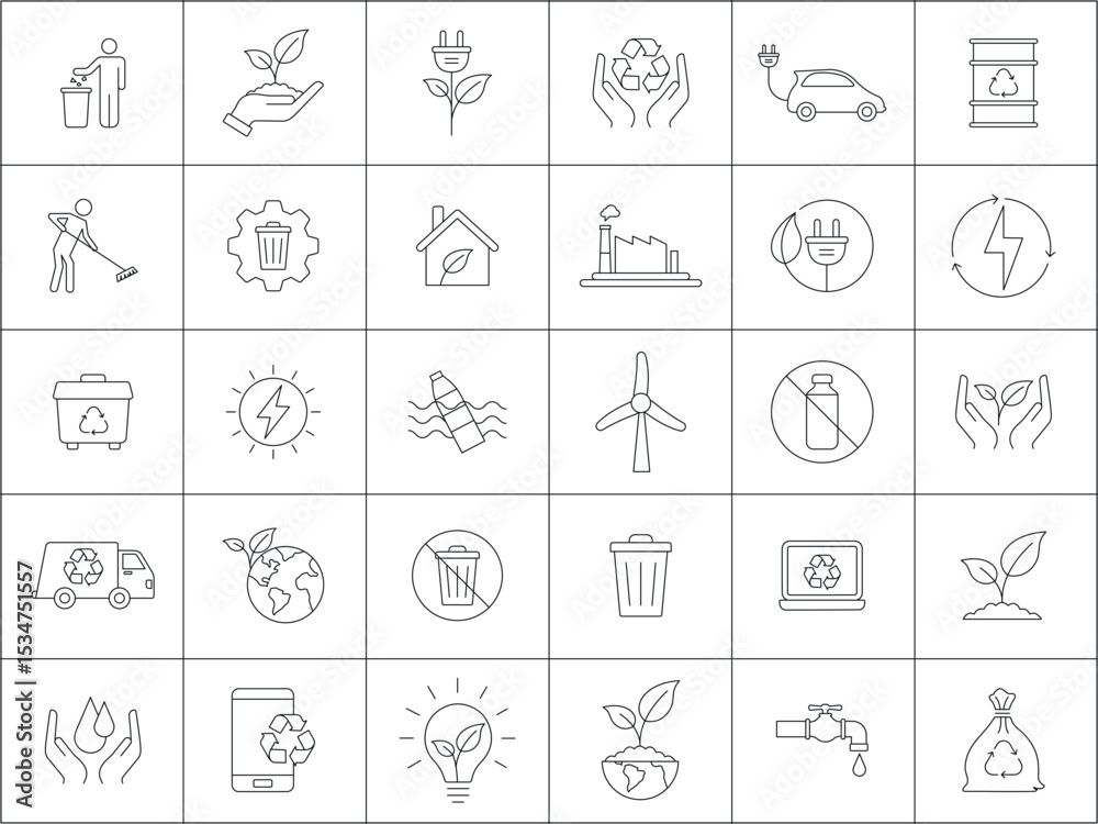 Fototapeta premium Eco Friendly Icons Set In Line Style. Including environmental sustainability, recycling, renewable energy, waste management. Editable Stroke, Vector Illustration