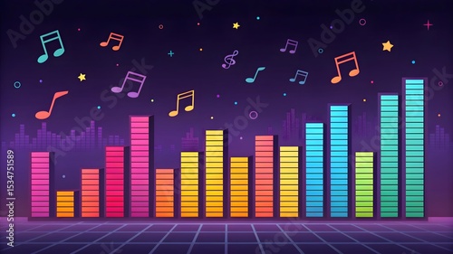 Colorful Sound Wave Visualization with Music Notes and Stars photo