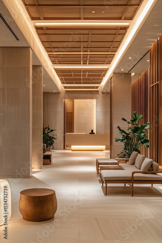 Modern spa lobby with warm, neutral tones