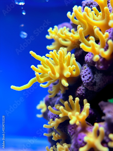 torch coral move long green tentacle in strong flow and hunt for plankton food, nano reef marine aquarium, popular pet for beginner grow in LED actinic blue light, beautiful live rock ecosystem