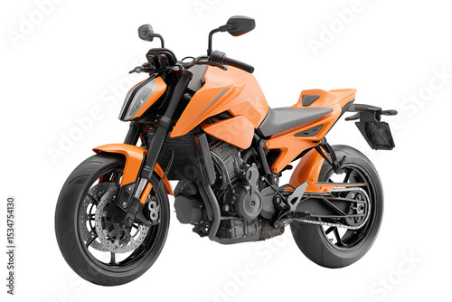 Sleek orange motorcycle studio shot against a stark transparent backdrop providing contrast