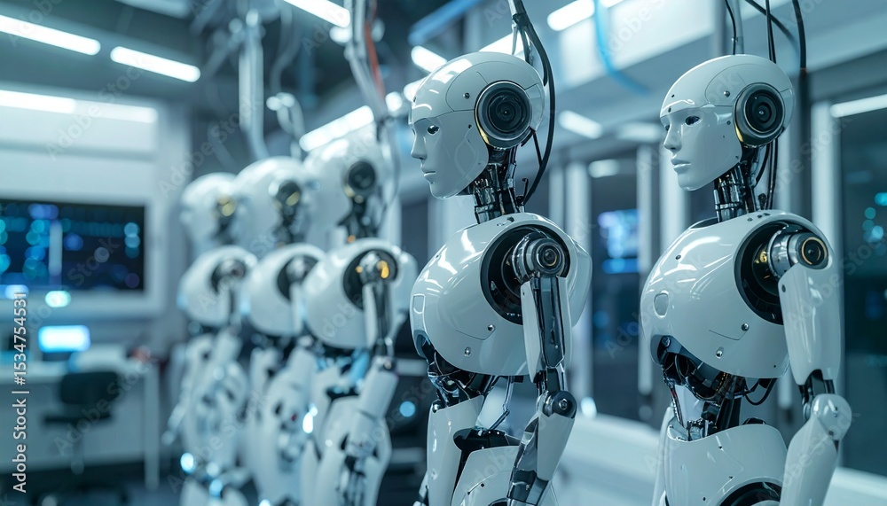 Fototapeta premium A row of advanced humanoid robots in a futuristic technology environment. They are standing in a line, symbolizing progress and innovation