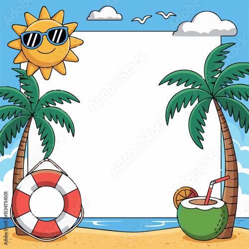 Summer vacation tropical beach scene illustration with palm trees sun and coconut drink sky fun joy art sand ring card