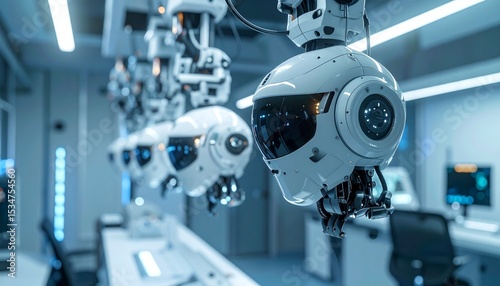 Futuristic robot heads in a laboratory, symbolizing technological advancements and innovation. The scene evokes a sense of progress and the future of robotics.