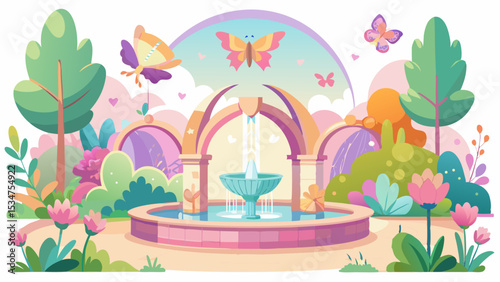 Sunlit Garden with Pastel Fairy Fountain Butterflies and Flowers pink