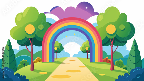 Vibrant Rainbow Archway Over Lush Green Meadow Path with Cartoon Trees and Clouds on White Background