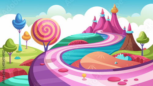 Whimsical Candyland Landscape with Swirling Road and Lollipop Trees on a White Background fantasy landscape