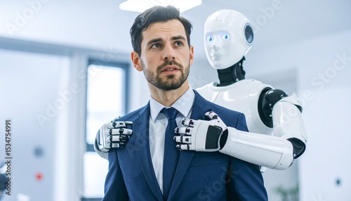 A man in a suit being embraced by a robot, illustrating the future of technology and human interaction. The image showcases the integration of humans and machines.