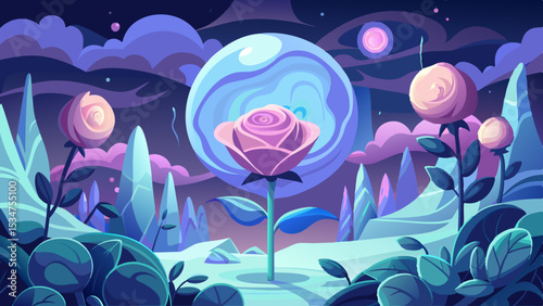 Enchanting Fantasy Rose Garden Night Scene with Glowing Orb and Pastel Flowers on White Background vector