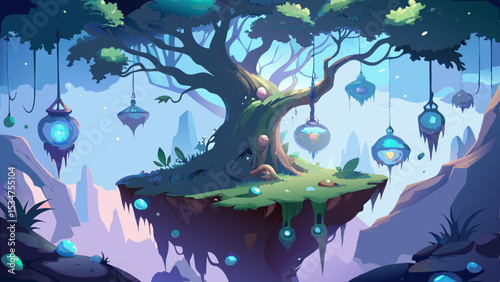 Enchanting Floating Island with Ancient Tree and Glowing Lanterns in a Fantasy Forest vector