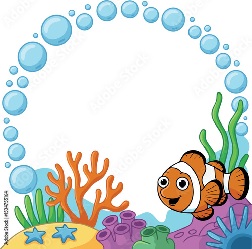 Adorable cartoon clownfish underwater scene with bubbles coral and starfish ocean life illustration vibrant colors aquatic