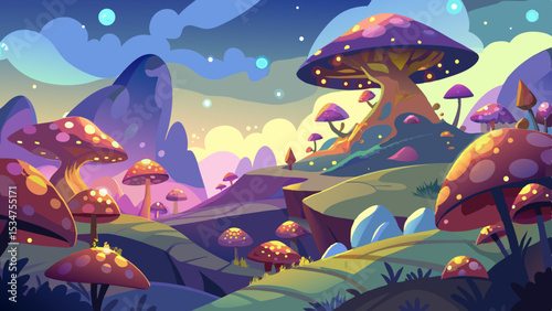 Fantasy Sunrise Landscape with Giant Mushrooms and Pink Mist Heart Shaped Hills fantasy landscape