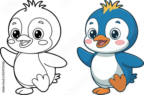 Adorable baby penguin cartoon illustration walking happily cute winter animal character design for kids ice bird icon