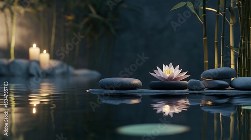 Peaceful zen garden scene with lotus flower, stones, candles and bamboo grove